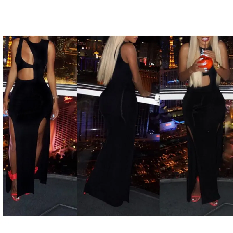 Women Dress Sexy Bandage Hollow Out Long Maxi Female High Waist Elegant Ladies Split Evening Party Clubwear Cocktail Clothing 210522