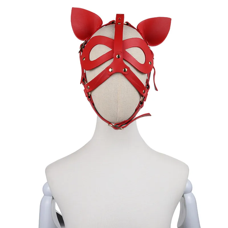 Vuxen anime cosplay sele bondage huv huva katt öron läder mask för ansikte kvinnor män par tillbehör sex leksaker svart red8072974