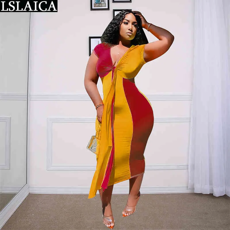 sale short sleeve dress Deep V-neck sexy elegant long women high waist plus size party colorful patchwork 210515