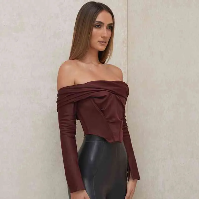 Women Off Shoulder Satin Corset Tops Long Sleeve Slash Neck Blouses Wine Red Elegant Shirts Sexy Backless Top Cropped Shirts Y220304