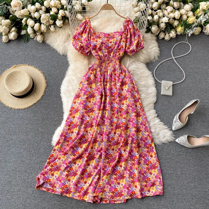 Sommar Kvinnors Sundress Chiffon Boho Klänning Koreanska Kläder Puff Sleeve Midja Slimming Print Maxi Beach Femme Robe 210514