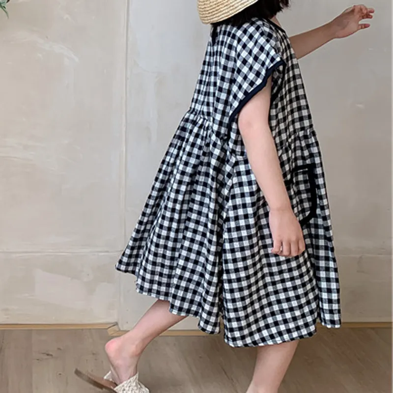 3-7 Years For Short-sleeve Plaid Print Girl Dress Korean Style Children's Clothes Casual Summer 210515
