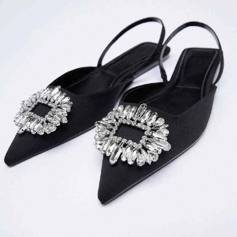 Sandali Scarpe nere le donne Bocca superficiale Tacchi alti estivi Fascia elastica beige Pantofole sandali piatti con strass a punta 220303