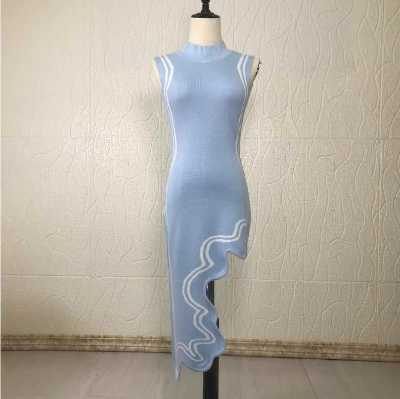 Start Asymmetrical Wavy Hem Round Collar Sky Blue black Striped Knit Sleeveless Dress sexy female knitting dress 210607