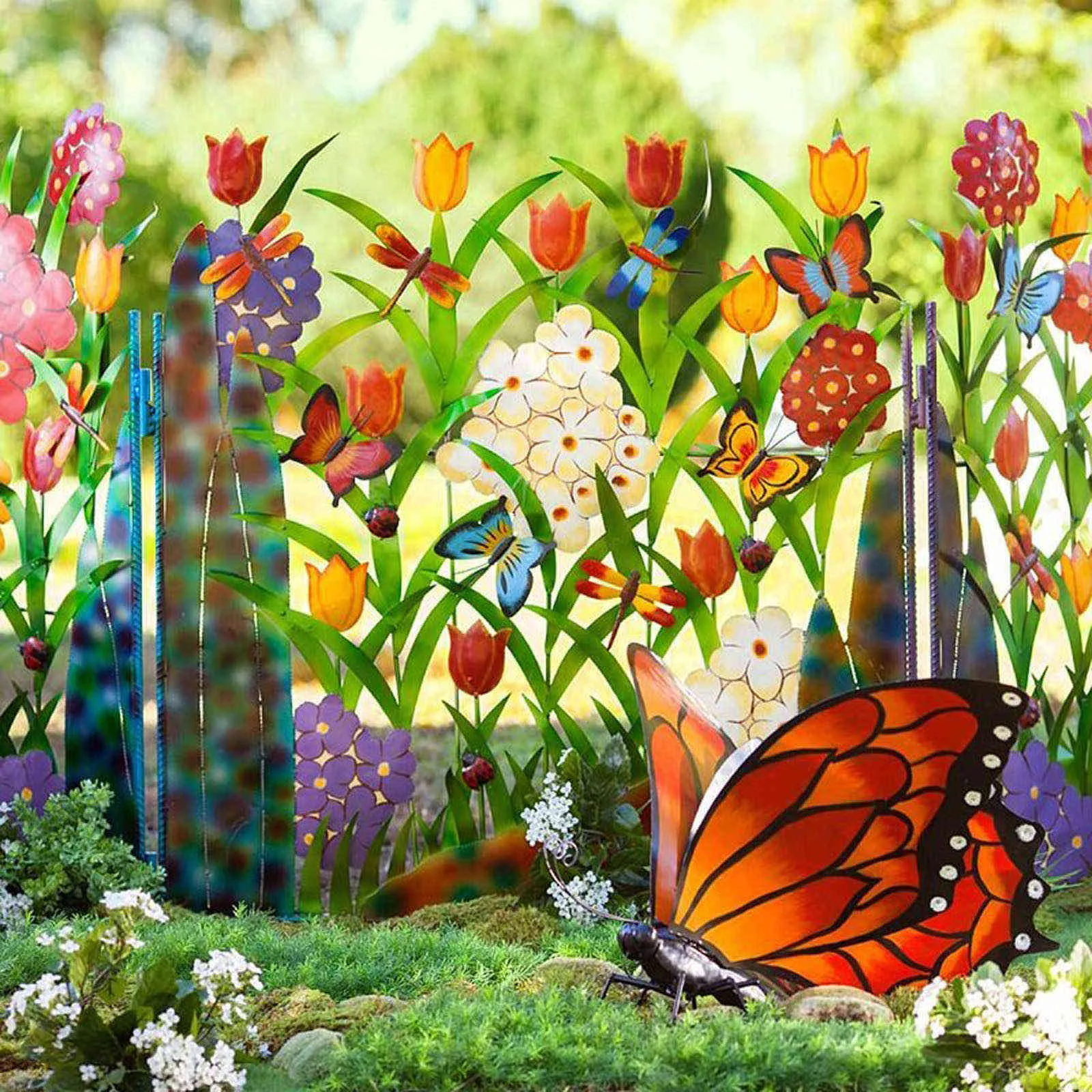 W19 Panneau de clôture de lierre mural en métal coloré à 3 panneaux avec papillons et fleurs, décoration de fausse vigne pour décoration de jardin extérieur Q251k