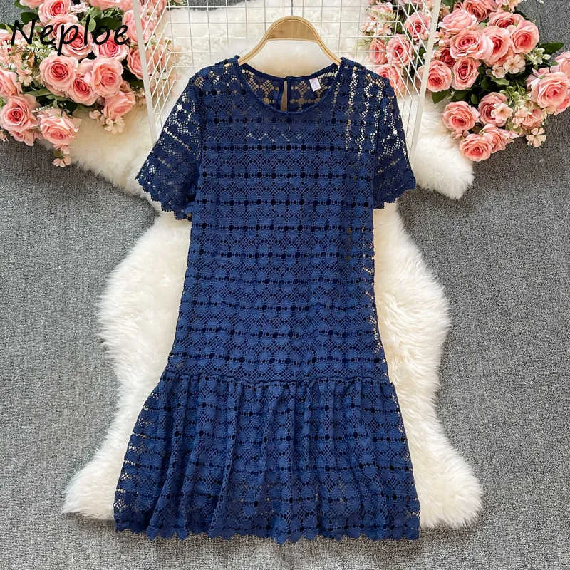 Neploe Sexy Hollow Out Design Lace Dress Women O Neck Pullover Short Sleeve Vestidos High Waist Hip A Line Loose Robe Summer Y0823