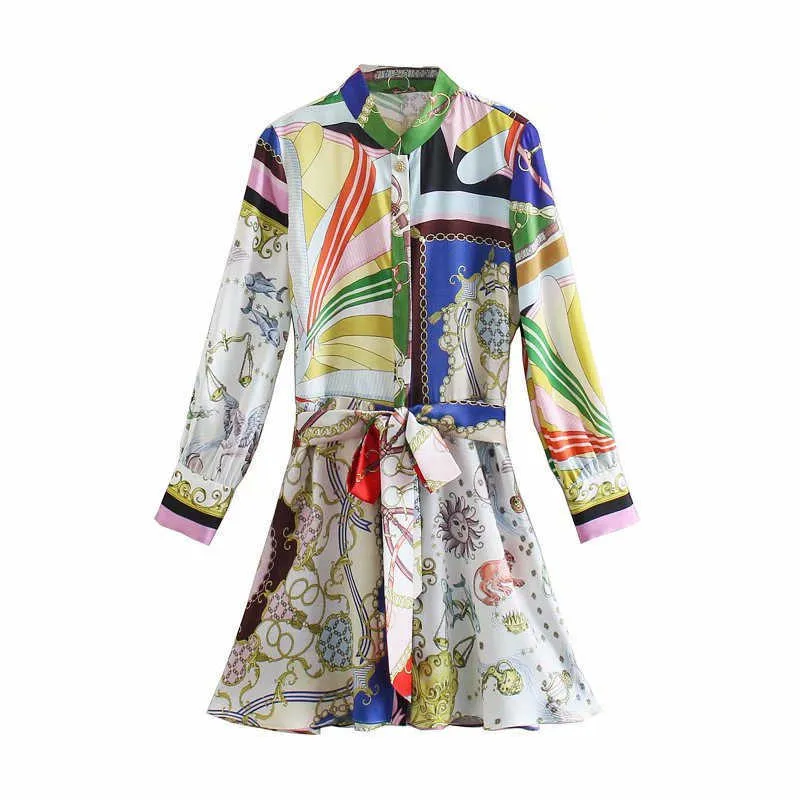 ZA خمر طباعة مصغرة الصيف اللباس المرأة طويلة الأكمام مرتبطة الذاتي حزام حزب فساتين الإناث الأزياء جاهزة أنيقة vestidos 210602