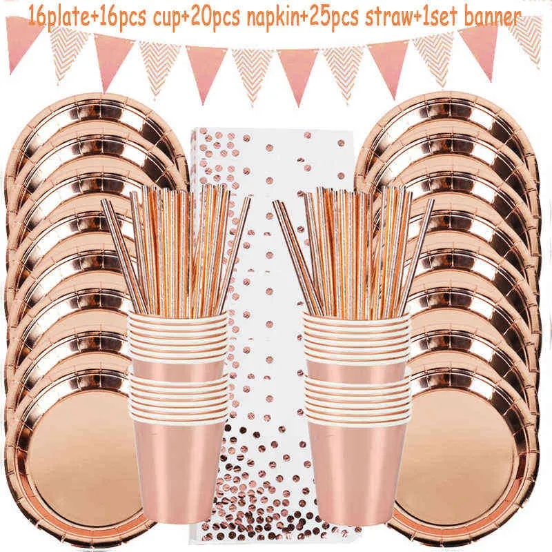 Rose Gold Födelsedagsdekorationer Engångsplattform Set Papper Kopp Vuxen Bröllopsfödelsedagsfest dekorationer Kids Babyshower Girl 211216