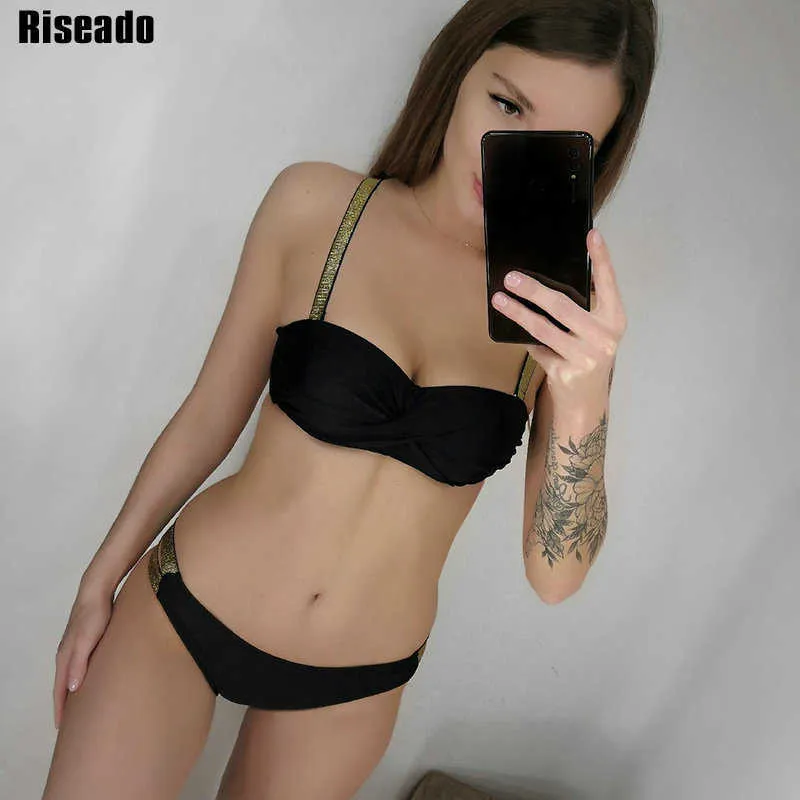 Riseado Push Up Bikinisセット光沢のある水着水着女性黒い水浴スーツRuchedブラジルのビquini夏のビーチウェア210621