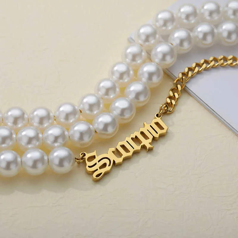 Perla de imitación personalizada para mujer y niña, cadena curva dorada de acero inoxidable, collar con nombre femenino, joyería gótica, regalo 2021
