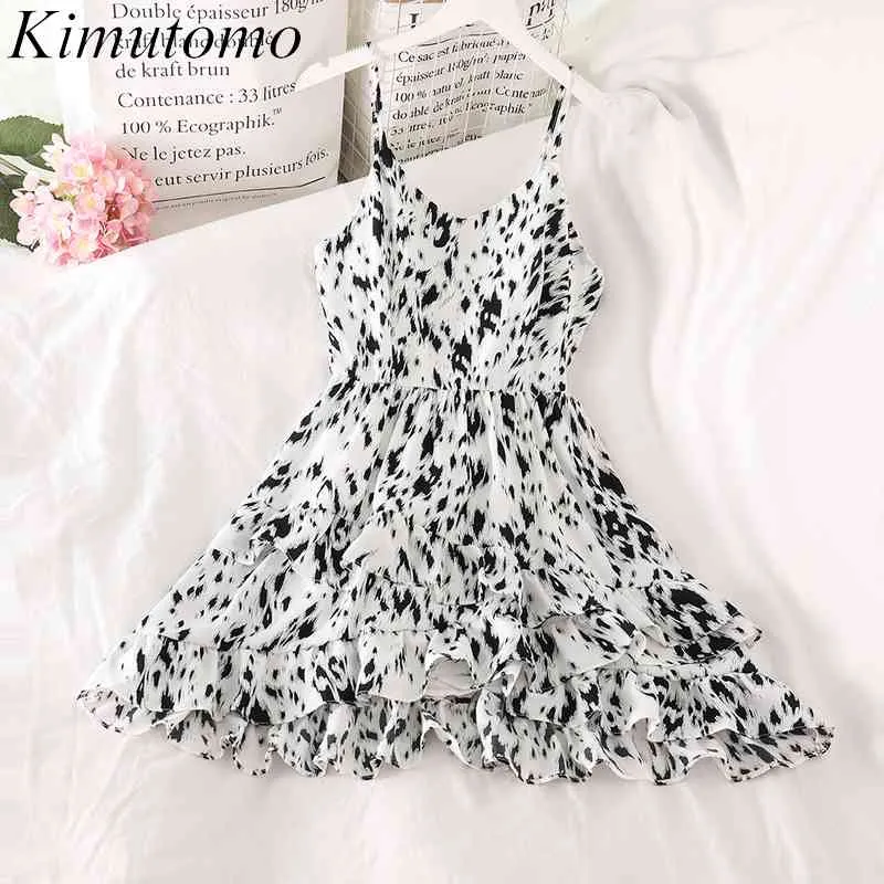 Kimutomo Sanfte Rüschen Print Kleid Weiblichen Koreanischen Stil Sommer Mädchen Süße V-ausschnitt Schlanke Taille Spaghetti Strap Vestidos 210521