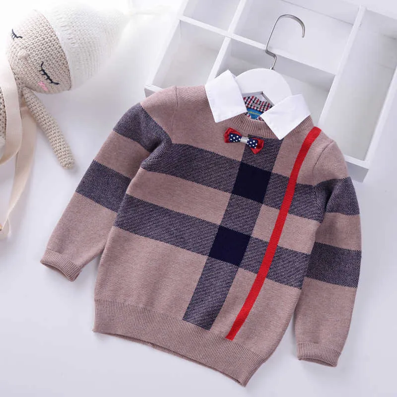 Col de chemise garçons chandails bébé rayure Plaid pull tricot enfants vêtements automne hiver enfants chandails garçon vêtements 210902