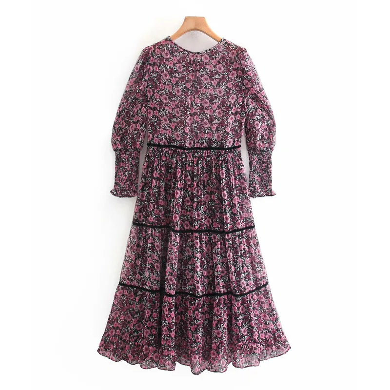 Summer Ruffle Tulle Woman Dress Purple Floral Print Midi Women Long Sleeve Vintage Smock Design Ladies es 210430