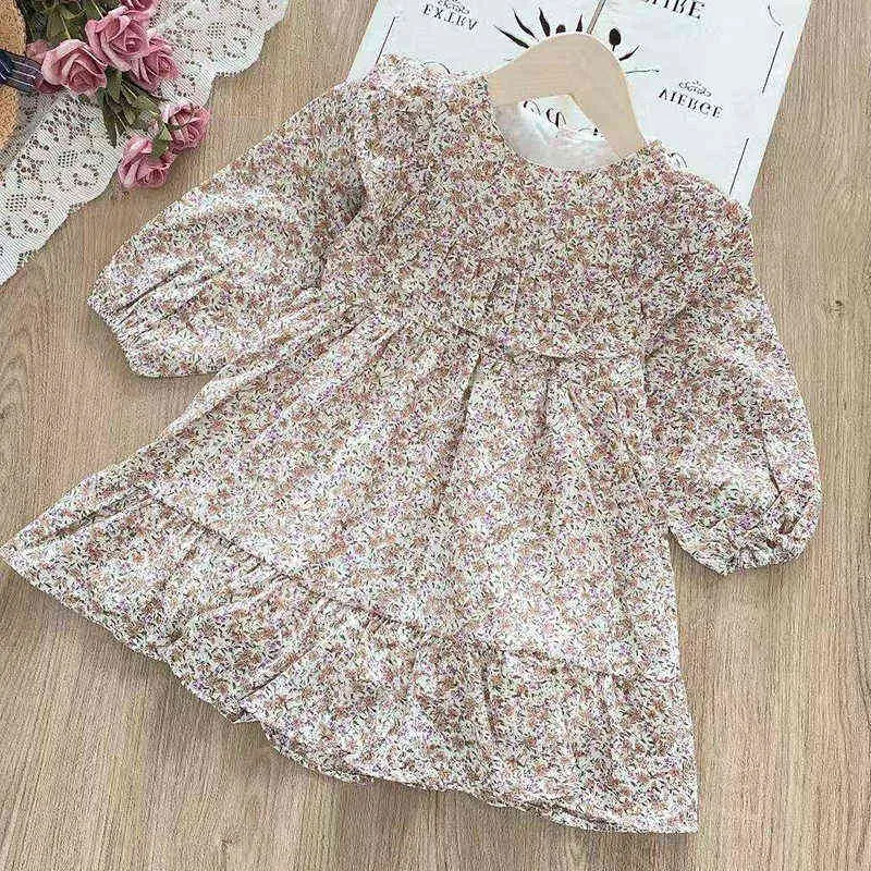 Val bloem meisjes jurken koreaanse mode lange mouw prinses jurk schattige kleine kinderen kostuum vestidos lente 211231