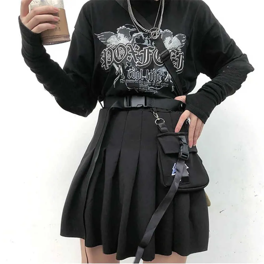 Gothique Punk Taille Haute Vintage Jupe plissée Casual Mode Femmes Poche Été Hip Hop Harajuku A-Line Cargo Plain Jupes 210619