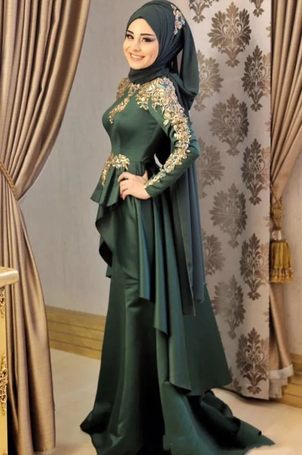 Modestes robes de soirée arabes musulmans arabes sirène sirène à manchette haute manche de bal de bal robes appliques appliques en dentelle dorée peplum islamique spécial 302l