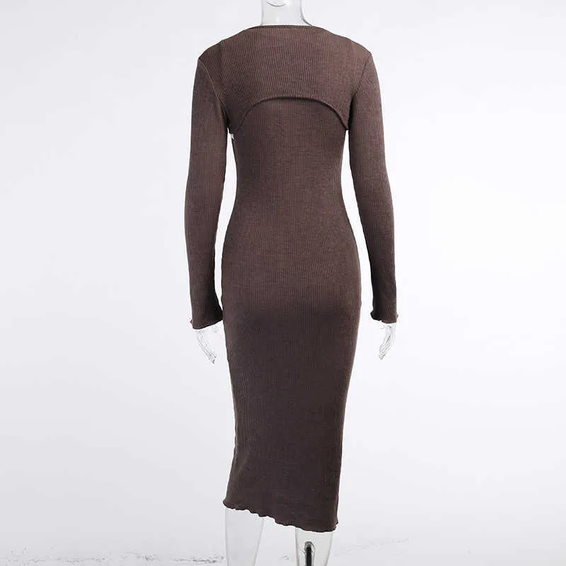 Colysmoニットスリップドレス茶色のボディコンミディドレスのための女性パーティー長袖ウェア秋シックストリートウェア女性vestidos 210527