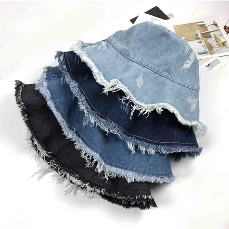 Été Automne lavé denim Sun Sun Femme Fashion Tassel Flopp Cap Cap Ladies Wide Brim Beach Bucket Bucket Femme Coton Roldable 210321549310