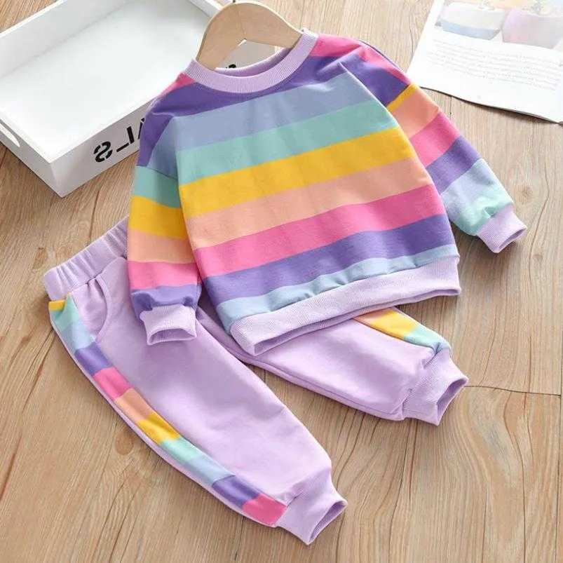 Enfants Vêtements Printemps Automne Filles Mode rainbowT-shirt + Pantalon Outfit Enfants Vêtements Sport Suitr Filles Ensembles 2-8Y 211021