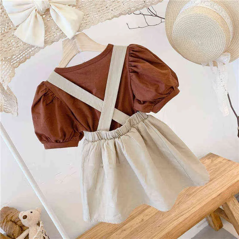 Summer Girls' Clothing Sets Japanese Korean Style Bubble Sleeve T-Shirt+ Suspender Skirt Baby Kids Children Clothes Suit Y220310