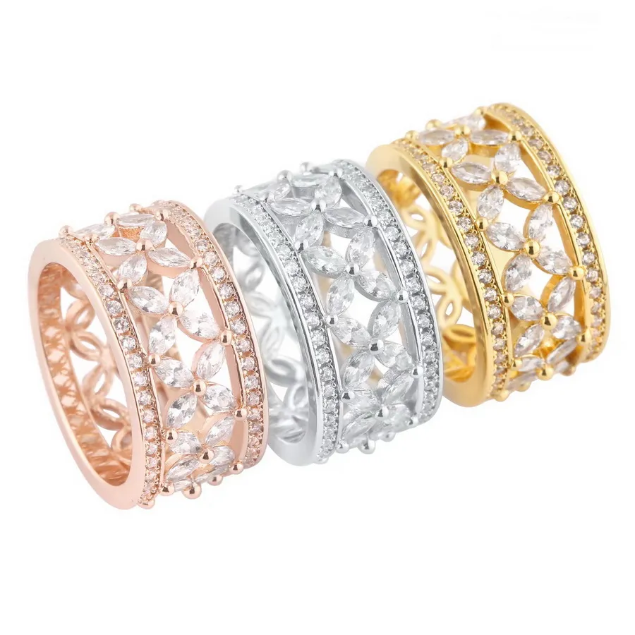 Europe Amérique Fashion Style Lady Femmes Laiton Gravé T Lettre Plaqué Or 18 Carats Creux Marquise Diamants Bague Anneaux Taille US6-U259Z