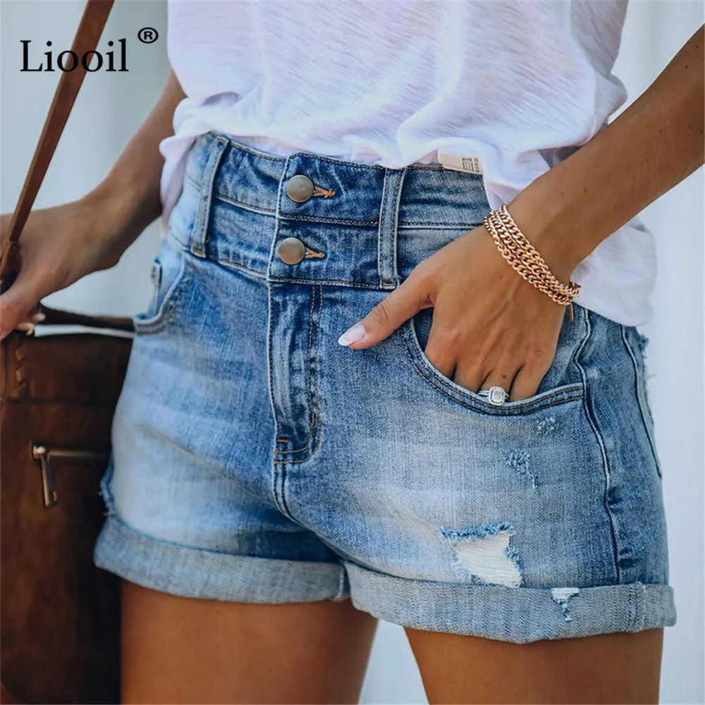 Coton Jeans Femme Taille Haute Stretch Shorts D'été Streetwear Fermeture Éclair Avec Poche Bouton Casual Bleu Revers Déchiré Denim Court 210719