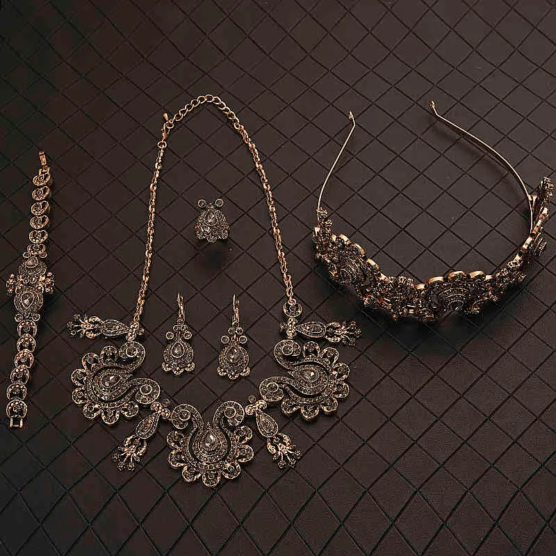 Türkische Hochzeit Damen Ohrringe Halskette Armband Ring Krone Araber Bronze Braut Geschenk Schmuckset