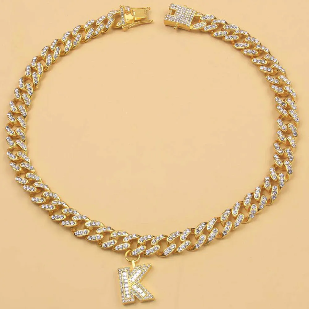 Stonefans 26 Inledande baguettbrev Rostfritt stål för kvinnor Miami Iced Out Cuban Link Chain Pendant Necklace Jewelry216i
