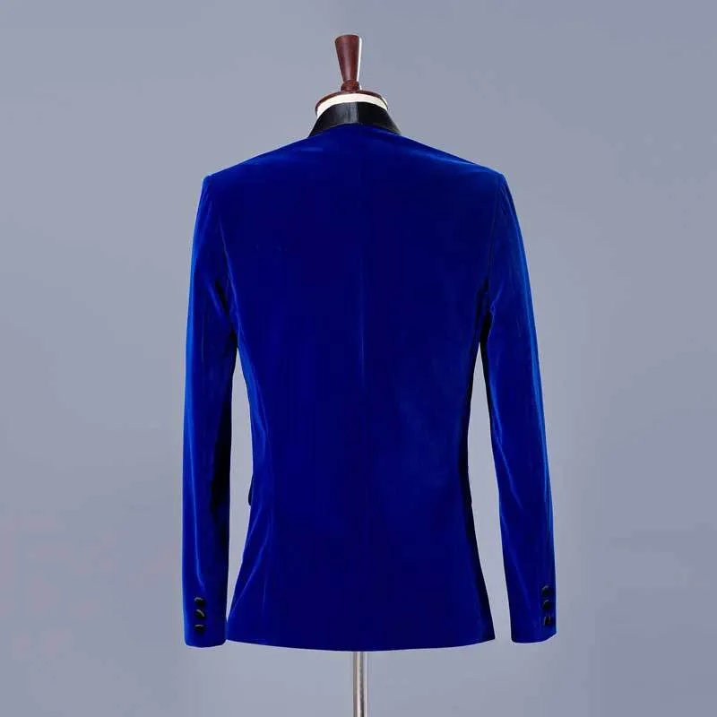 Costume de velours bleu royal avec pantalon hommes un bouton col châle costumes de smoking hommes mariage marié fête dîner Terno Masculino 2XL 210522