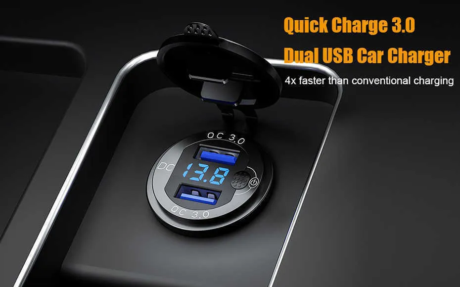 Metal QC3.0 12V/24V 36W Car Lighter Socket Plug LED Display Switch Waterproof USB Charger socket For Phone Tablet