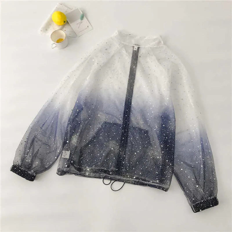 Abrigo de protección solar Harajuku, chaqueta transparente de manga larga, chaqueta femenina con lentejuelas degradadas, abrigo femenino fino de talla grande 210722