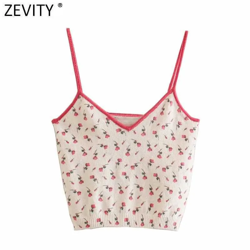 Zevity Women Sweet Floral Jacquard lavorato a maglia con cinturino spaghetti Chic Camis Tank Ladies Summer Sling Short Slim Tops SW720 210603