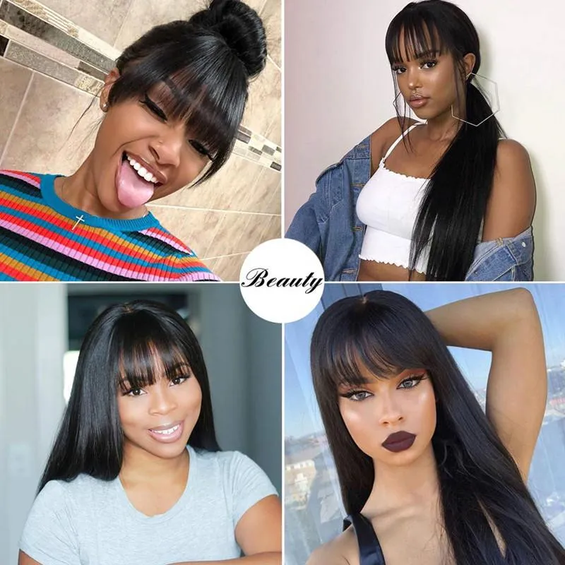 Black Women039s Long Straight Lace Front Wig Brazilian Virgin Heat Resistant Hair Wig With Neat Bangs Ingen limmaskin Made8450464