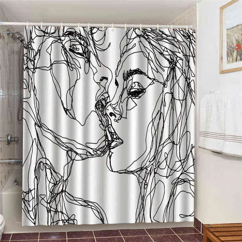 Эскиз -поцелуи любителей водонепроницаемый набор для ванной комнаты с занавесками для душа черно -белые домашние украшения на стене экрана ванна 3d 211119