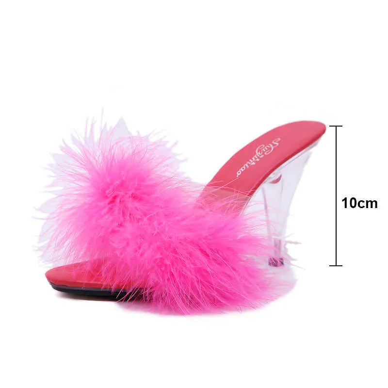 7cm 10cm chaussures de robe de fourrure sexy sandales à plumes à talons hauts transparents pantoufles de mode 5 couleurs TWS067 Y0608