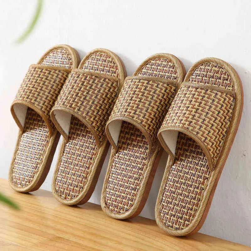 Sandálias de palha-bambu e chinelos para casais femininos para usar em interior e casa lazer antiderrapante desgaste desgaste suor-absorvente y220214