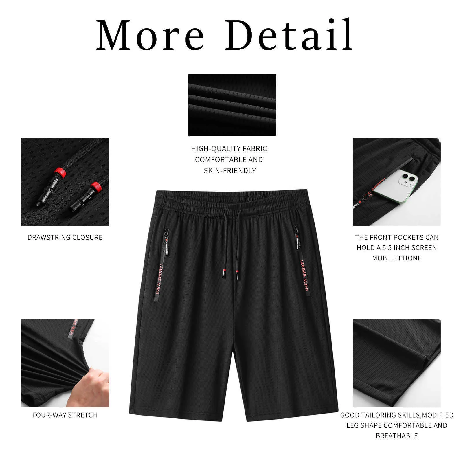 MJNONG MENS Shorts Cordão Casual Cintura Elástica Curto Com Bolsos Zipper Respirável Grande e Alto Workout 210714