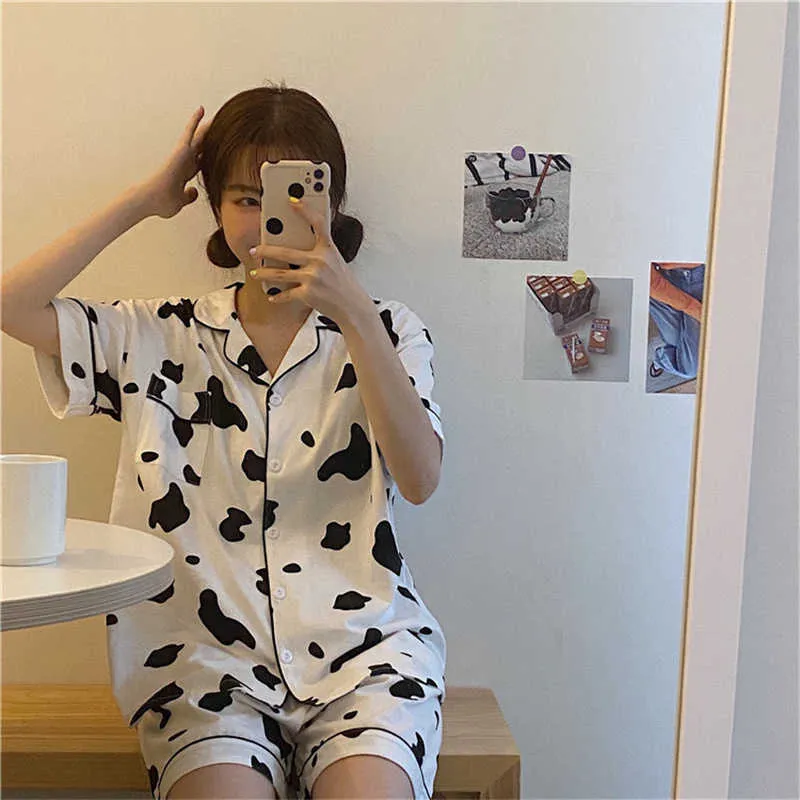 Summer Women Pajamas Fashion Cute Cow Print Ladies Underwear Casual Comfortable Homewear Two Piece Pajamas Set For Female Q0706