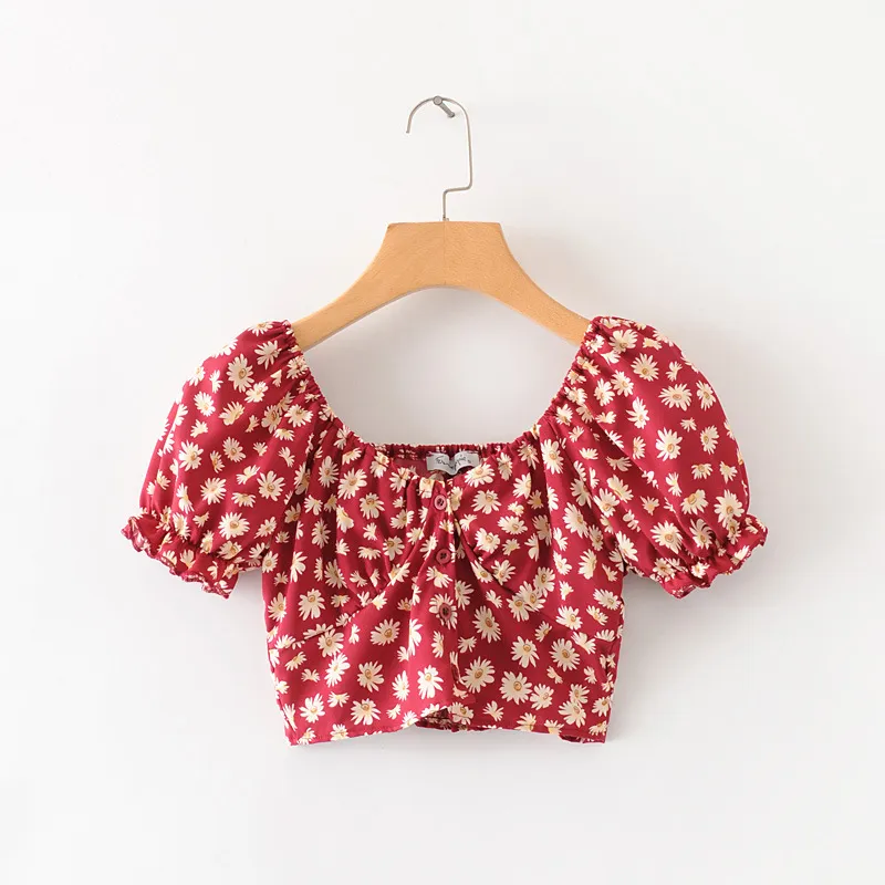 Sexy estampado floral mujer crop blusa camisa vintage playa verano manga corta algodón tops lindo femininas 210427