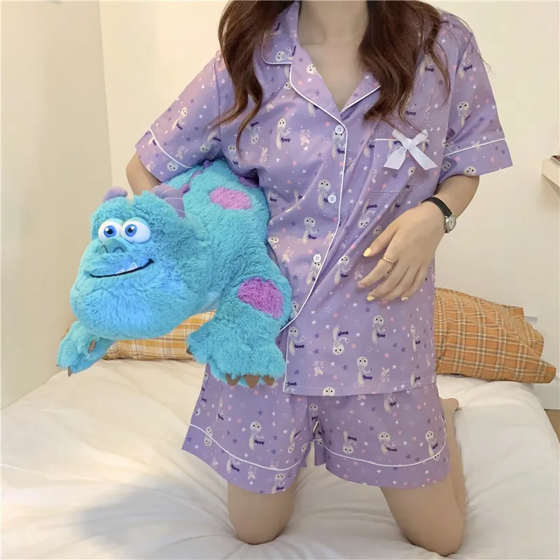 Summer Cartoon Students Sweet Chic Purple Sleepwear Girls Korean Homewear Women Thin Loose Pajamas Sets 210525