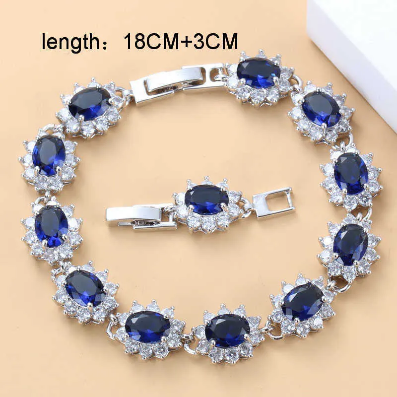 AAA + naturel Blu Zircon couleur argent ensembles de bijoux de mariage de mariée pour les femmes Bracelet longueur 18 + 3 CM taille de bague 6/7/8/9/10 H1022
