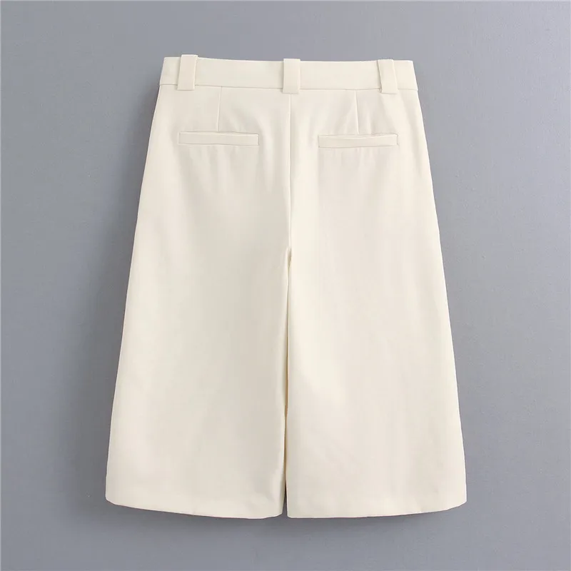 Women Chic Pockets Knee Length Pants Fashion High Waist Zipper Fly Female White Short Pantalones Cortos 210430