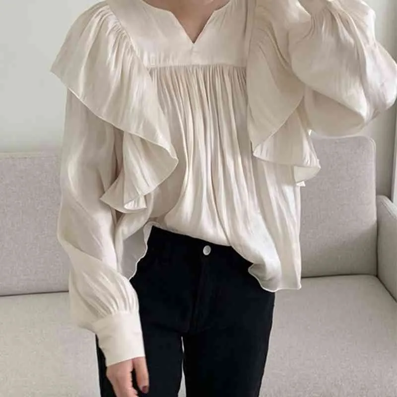 Ezgaga Sweet Women Blouse Koreaans Chic Spring Tender Elegant Ruched Patchwork Losse Solid Puff Sleeve Ladies Shirts Mode 210430