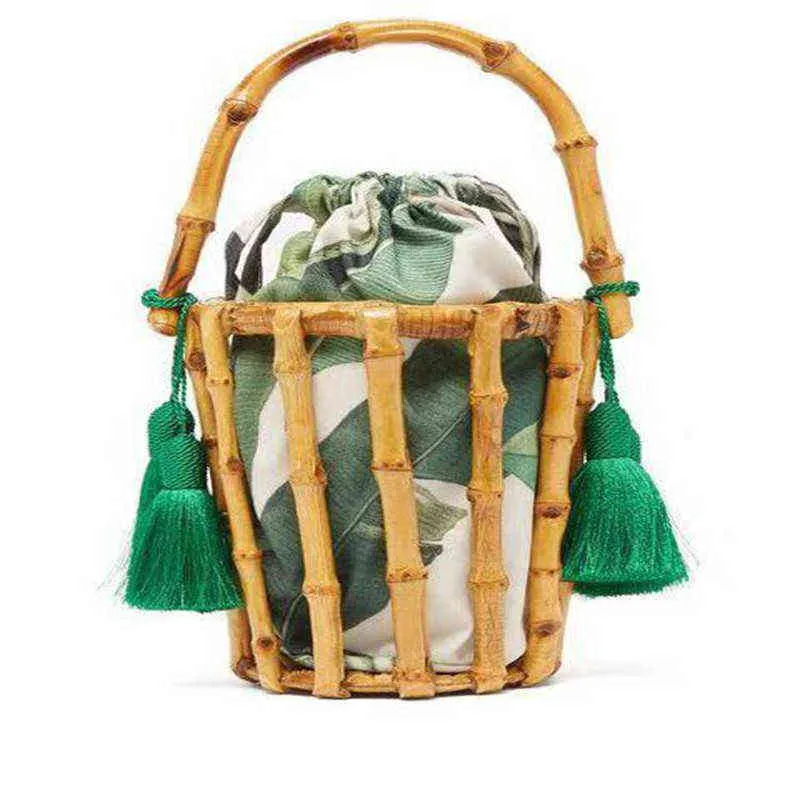 Shopping Bags Handmade Woman Tassel Woven Bamboo Handbag Stitching Clutch Bucket Hollow Bali Holiday Beach 220303