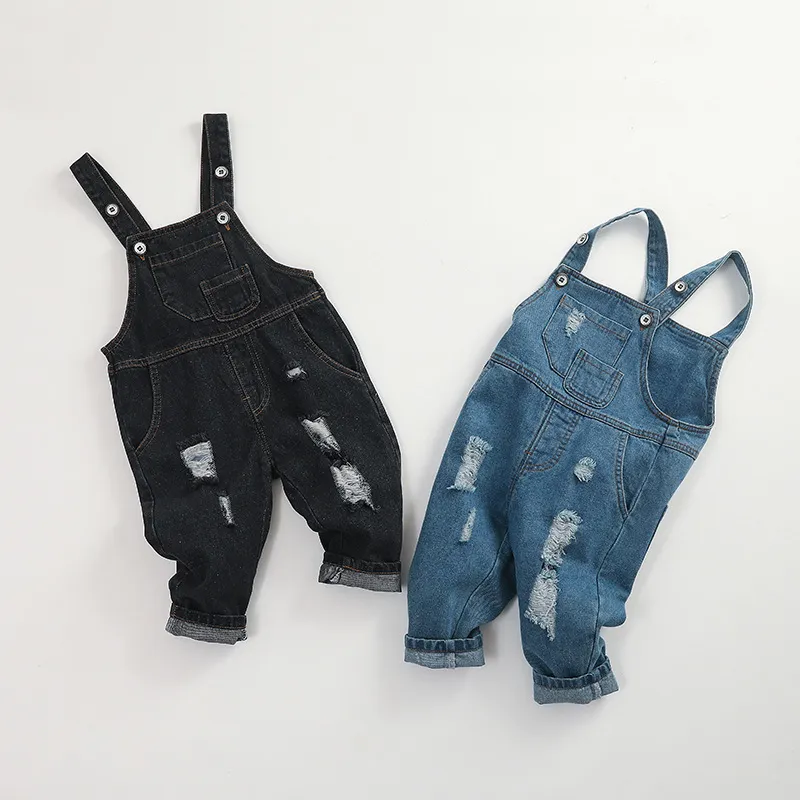 Children's Denim Overalls Spring Boys and Girls Ripped Casual Baby Jumpsuits Clothes Trousers 210515