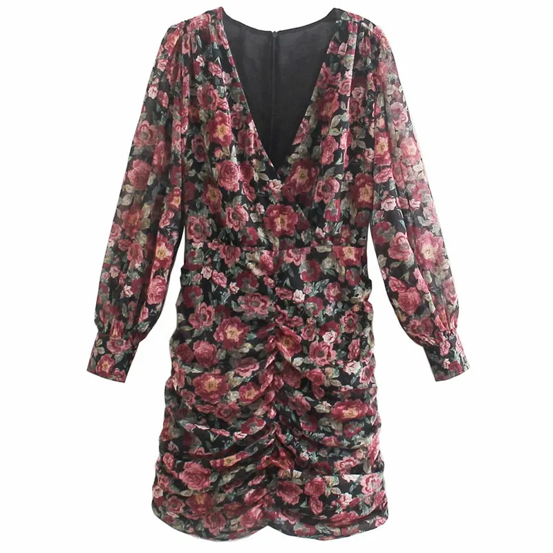 Slim Girls V Neck Draped Dress Primavera-autunno Fashion Ladies Office Women Floral Tight Flare Sleeve 210427