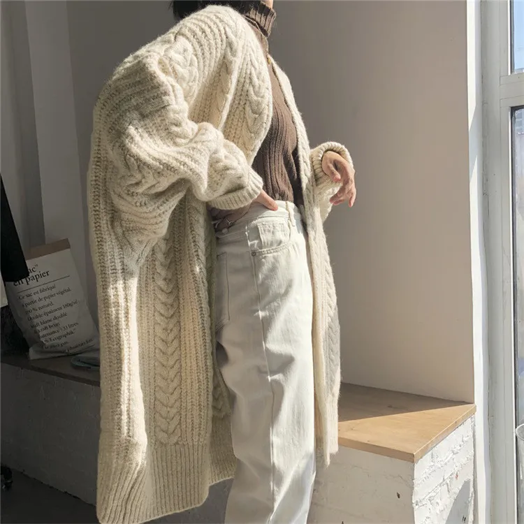 Cardigans mujer kvinnor lång v nacke batwing ärm twisted överdimensionerade tröja kappa split koreanska vinter knitcoat 210430