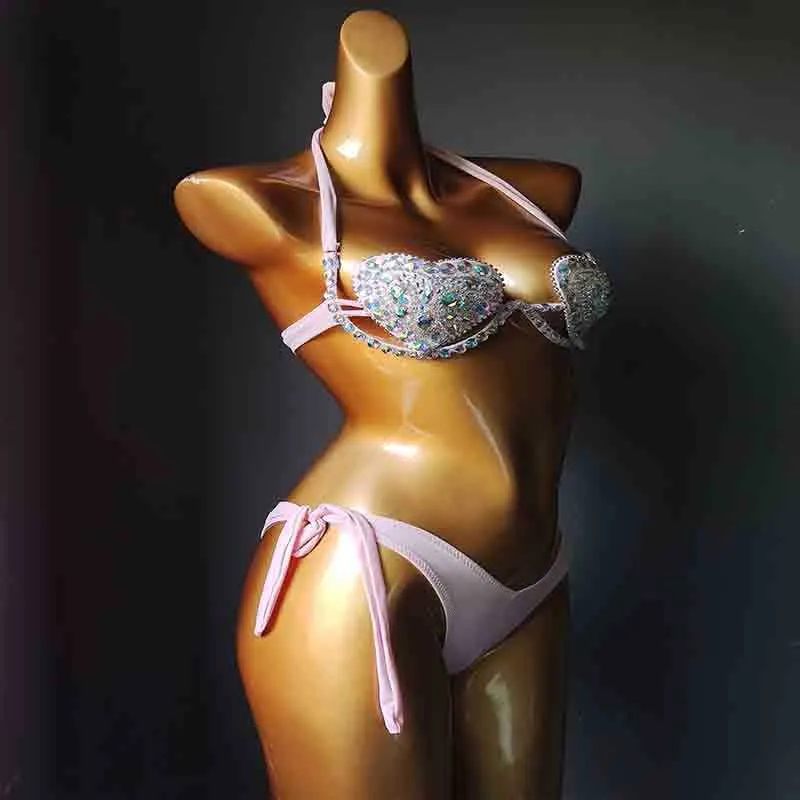 vacaciones sexy mujer bikini conjunto diamante traje de baño bling piedras traje de baño ropa de playa biquini 210621
