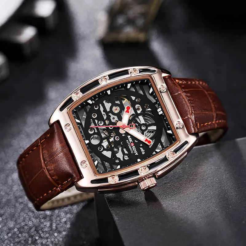 Aocasdiy Nieuwe Mannen Fluxury Square Mechanical Recreatie Lichtgevend Lederen Waterdichte Automatische Horloge Beste Gift