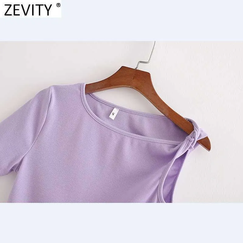 Zevity Women Sexy Solid Collor Singel Kortärmad Asymmetrisk Kort T-shirt Kvinna Chic Design Basic Summer Crop Tops LS9060 210603